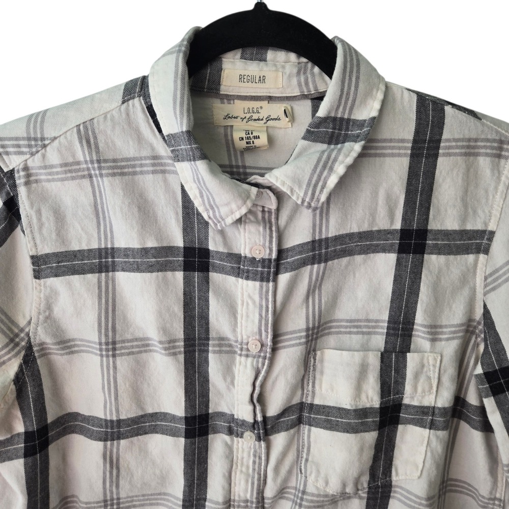 L.O.G.G. H&M‎ Womens Plaid Button Down Shirt White Black Regular Fit Size 8 Camp
